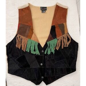Exceptional Women's Vest  Black Brown Patchwork Tassel Leather Western Sz L